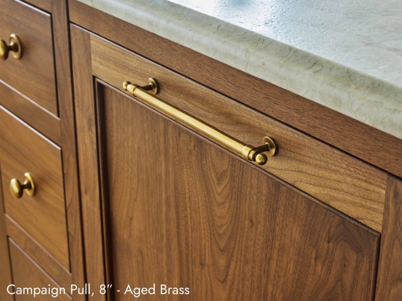 Campaign Drawer Pull Unlacquered Aged Brass with Rectangular Backplate
