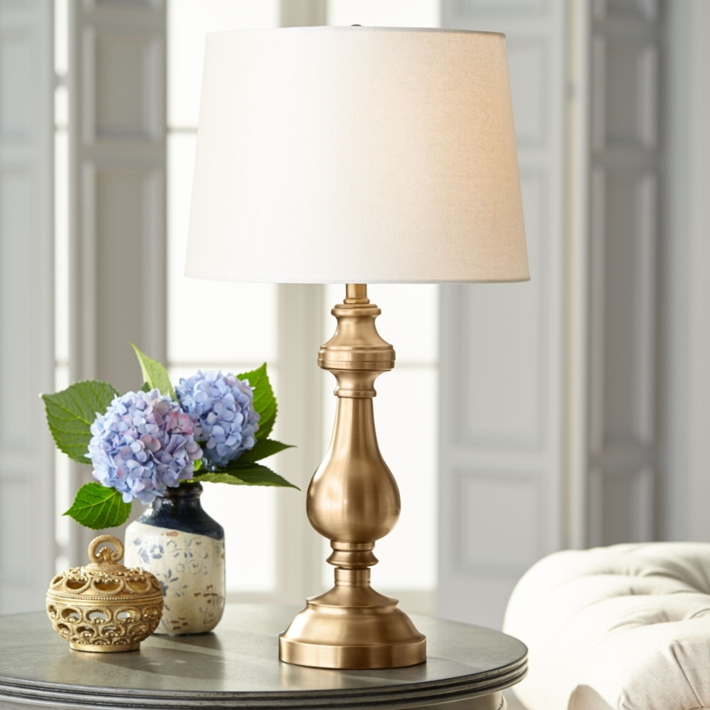 Candlestick Table Lamp: Antique Turned Neck with Fabric Drum Shade