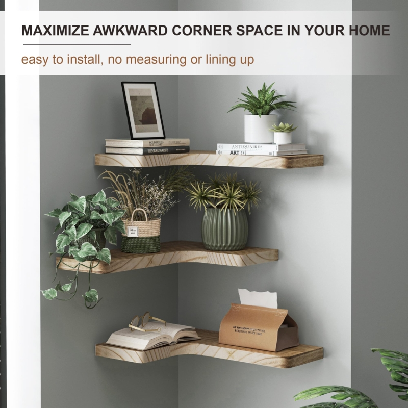 Carbonized Wood Corner Wall Shelves, Dark Floating Set