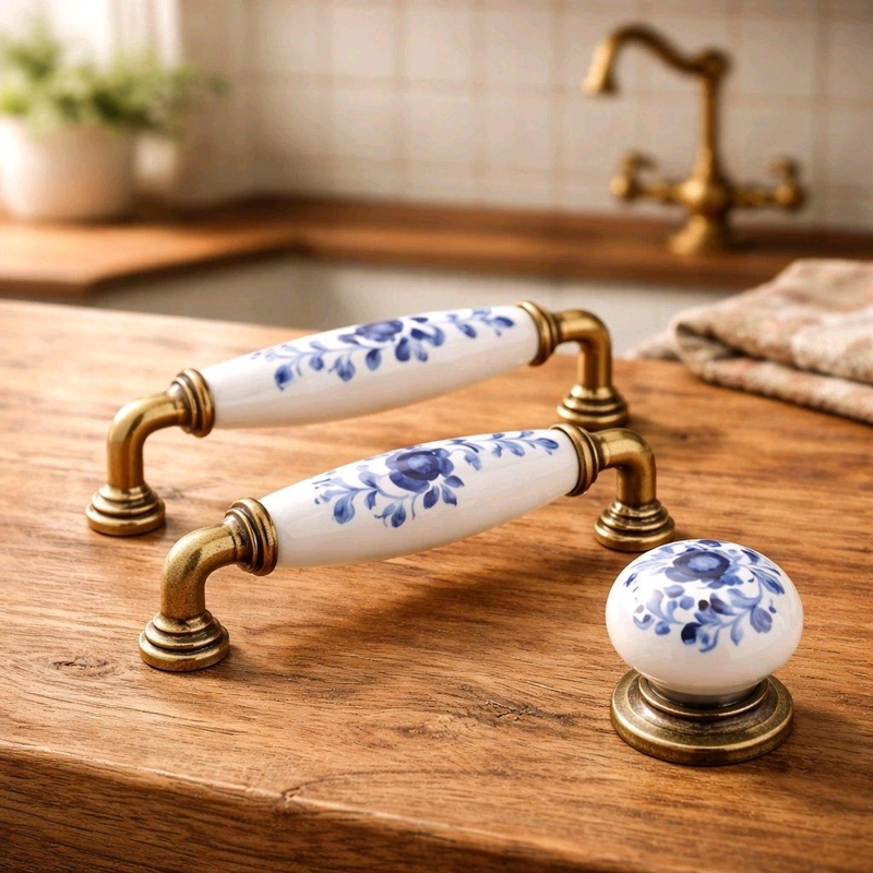 Ceramic Cabinet Hardware: Blue Floral Inlay with Antique Brass Accents.