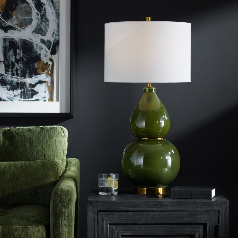 Ceramic Gourd Table Lamp Emerald Crackle Glaze Brushed Brass Accents