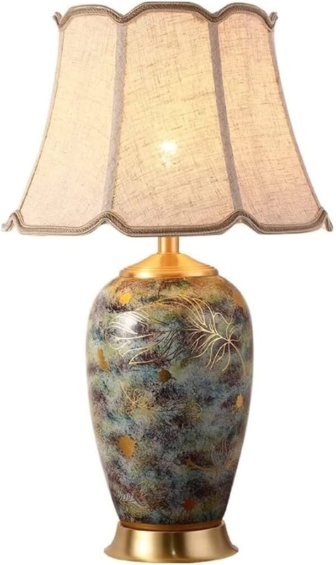 Ceramic Table Lamp Hand Painted Gold Bird Motif Crackle Glaze Elegant