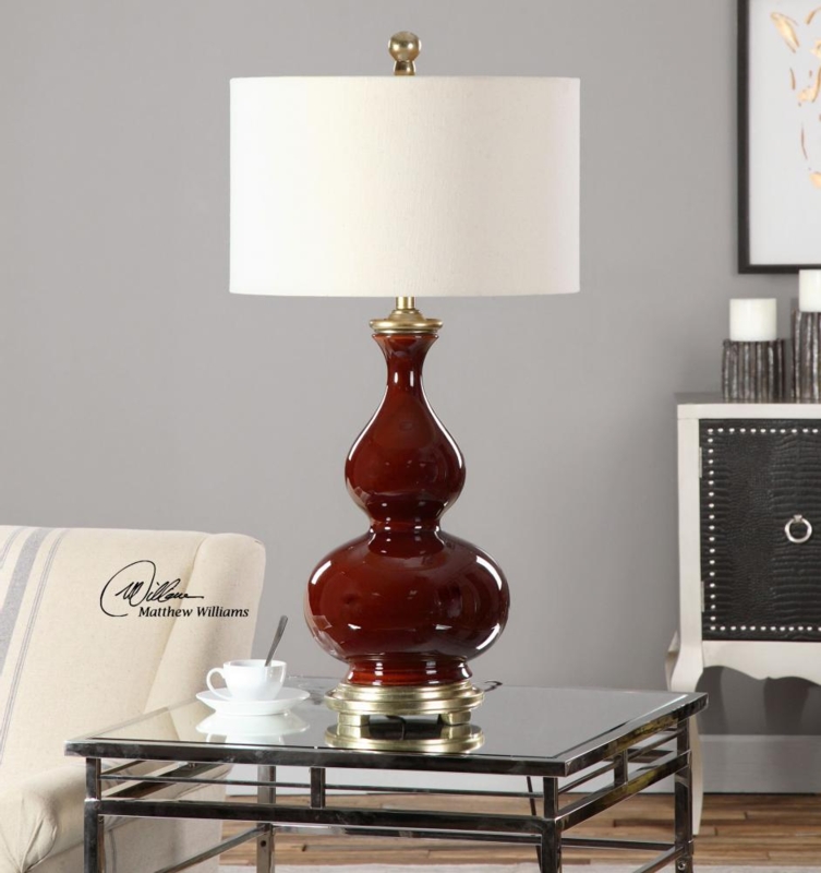 Ceramic Table Lamp in Deep Burgundy Hue with Vertical Ribbing Texture
