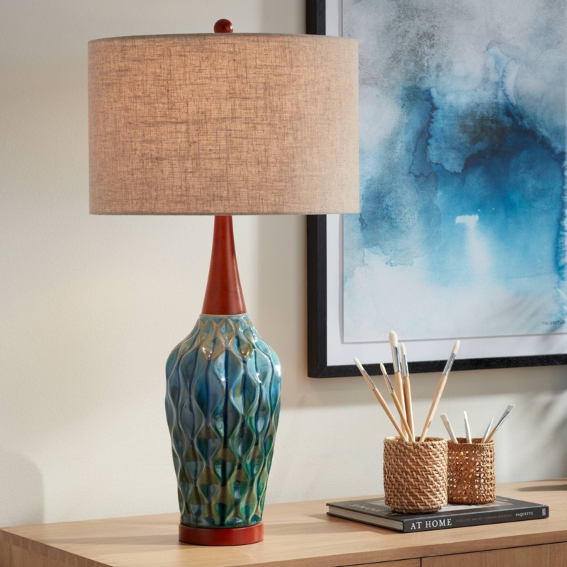 Ceramic Table Lamp Mid Century Teal Glaze Wood Accents Tapered Shade