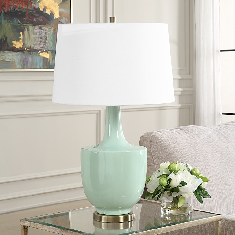 Ceramic Table Lamp Mint Green Glossy Finish Ribbed Texture Tapered Neck
