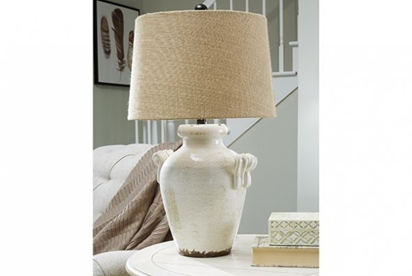 Ceramic Table Lamp: Speckled Stacked Gourd Base, Cream Drum Shade