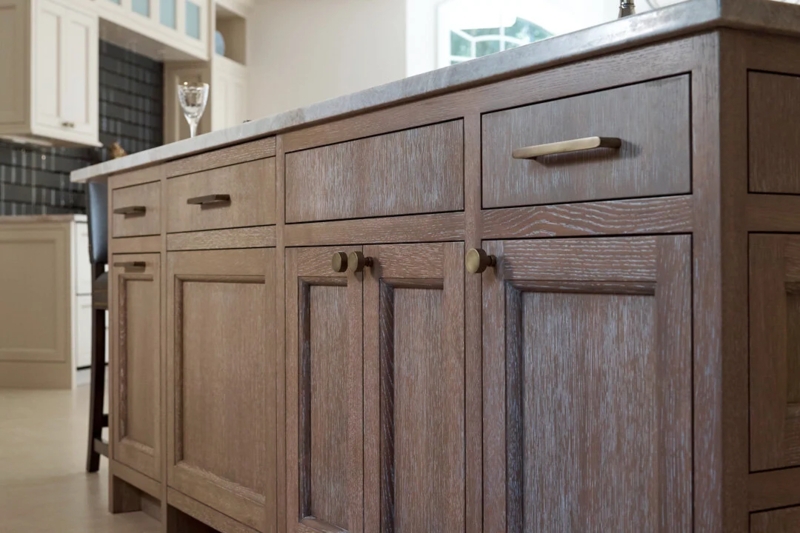Cerused Oak Kitchen Island Waterfall Countertop & Brass