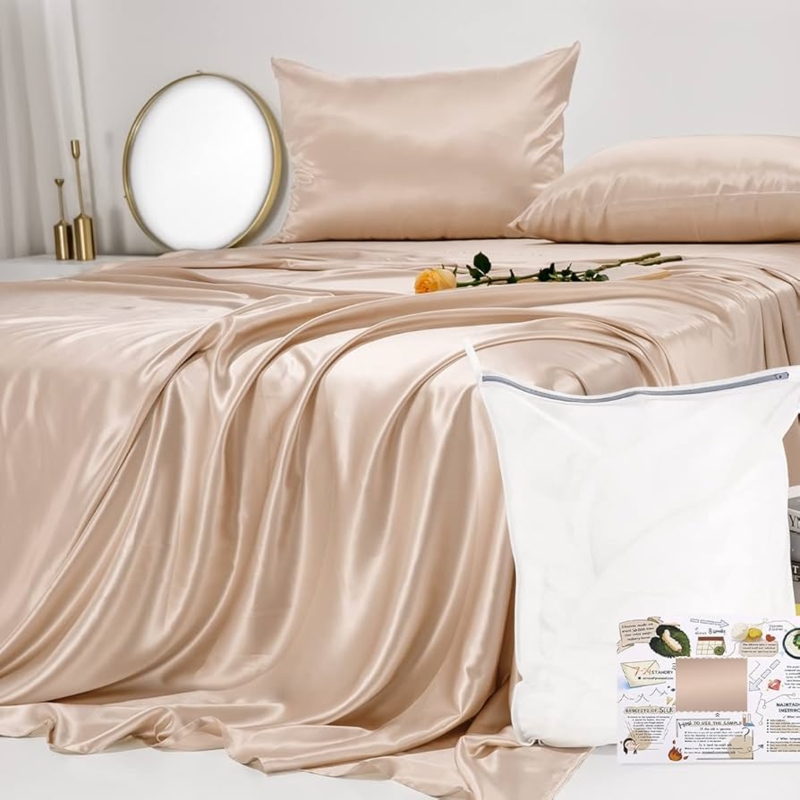 Champagne High Luster Silk Sheet Set, Glamorous Minimalist Style