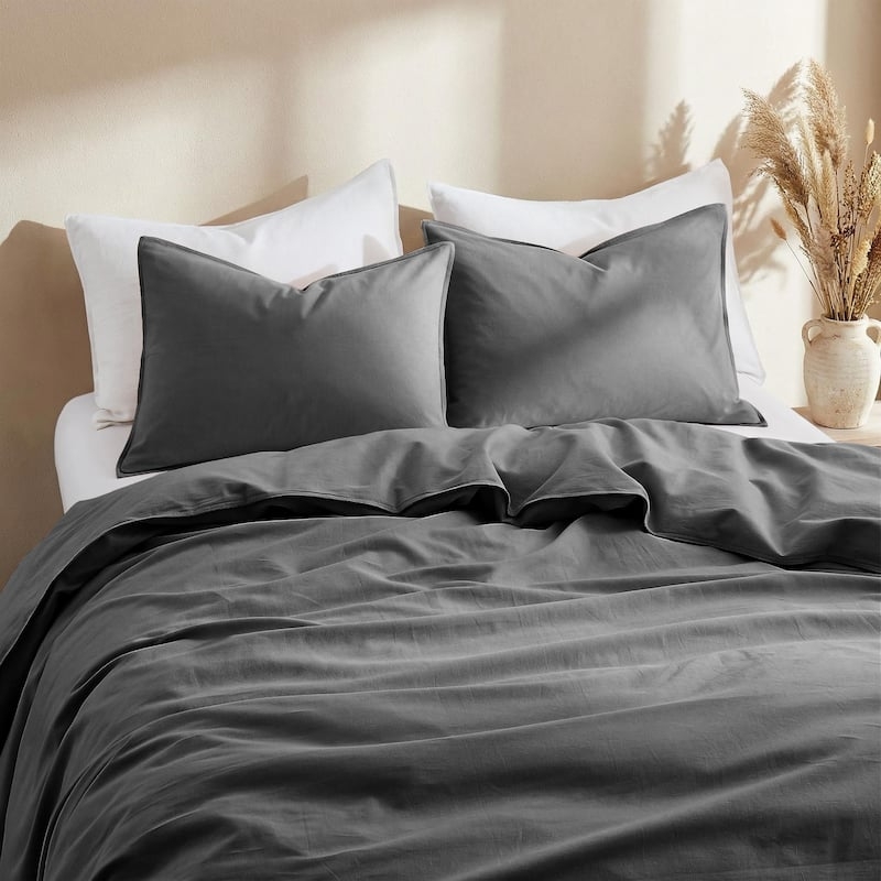 Charcoal Gray Duvet Cover Set Linen Blend Relaxed Texture Bedding
