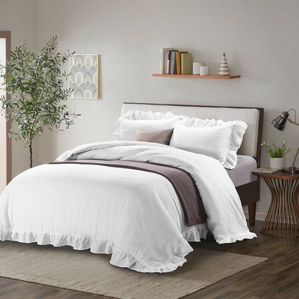 Charcoal Gray Duvet Cover Set, Stonewashed Ruffled Linen Bedding.