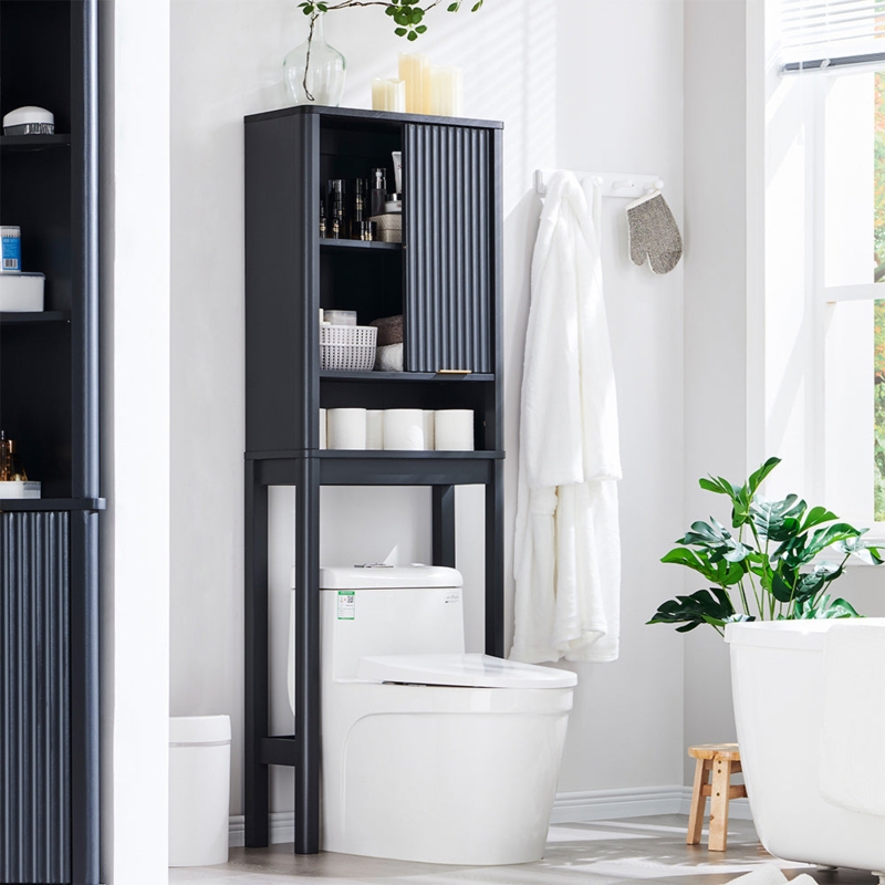 Charcoal Gray Over The Toilet Storage with Fluted Sliding Door.