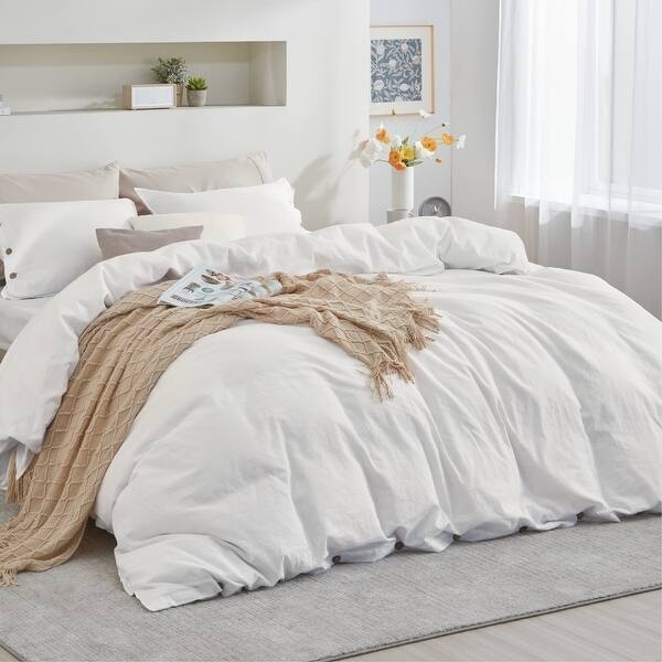 Charcoal Grey Duvet Cover Set Linen Like with Flanged Edges