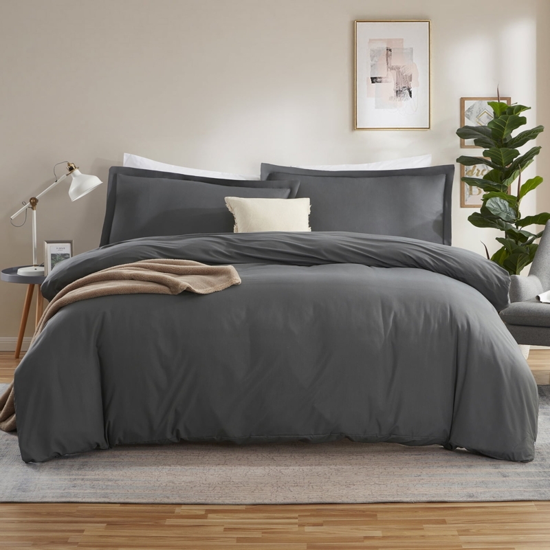 Charcoal Grey Microfiber Duvet Cover Set Minimalist Bedding