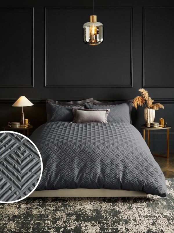 Charcoal Grey Textured Bedding Set Embossed Diamond Geometric Duvet