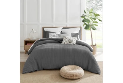 Charcoal Waffle Weave Duvet Cover Set Modern Dark Gray Bedding