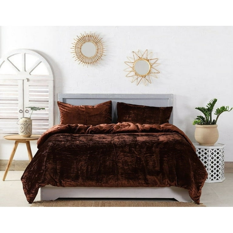 Chocolate Brown Velvet Duvet Cover Set Plush Pile Modern Boho
