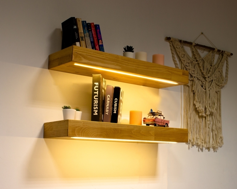 Chunky Wood Floating Shelf with Integrated Warm LED Strip Lighting