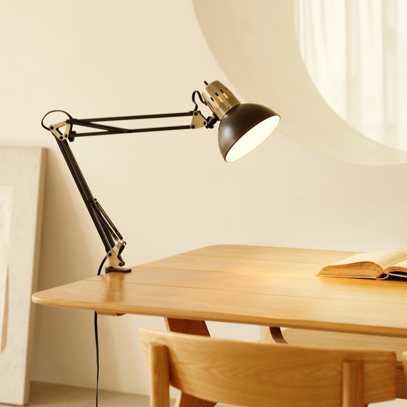 Clamp On Desk Lamp Matte Black Antique Brass Accents Task Light