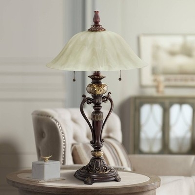Classic Bronze Table Lamp, Tiered Base with Marbled Glass Shade.