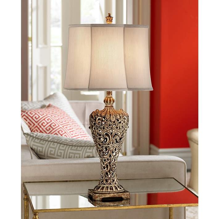Classic Gold Table Lamp, Open Scroll Base Design with Oval Shade.
