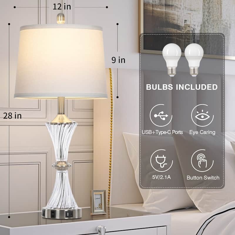 Clear Glass Table Lamps Set with White Spiral Swirl Hourglass Base