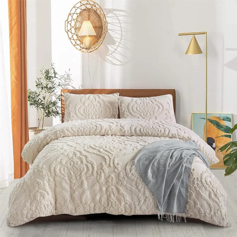 Clipped Tufted Comforter Set in Neutral Beige with Geometric Texture