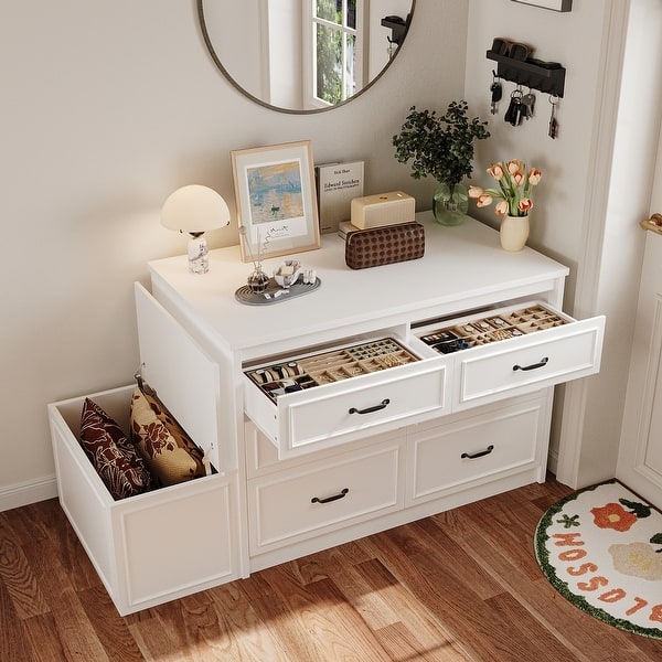 Closet Island Six Drawers with Gold Ring Pulls and Bench Seat
