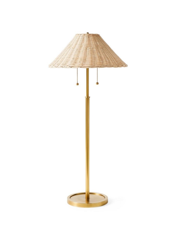 Coastal Buffet Lamp, Woven Wicker Shade, Polished Brass-Toned Base
