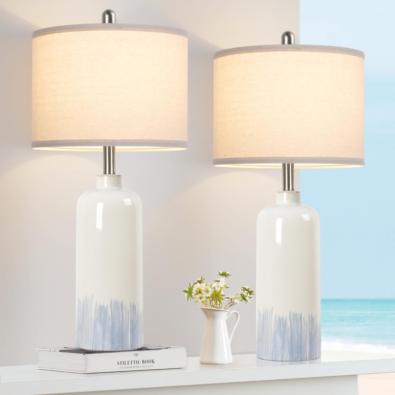 Coastal Ceramic Table Lamps Set of 2: Textured Blue Bases, Cream Shades