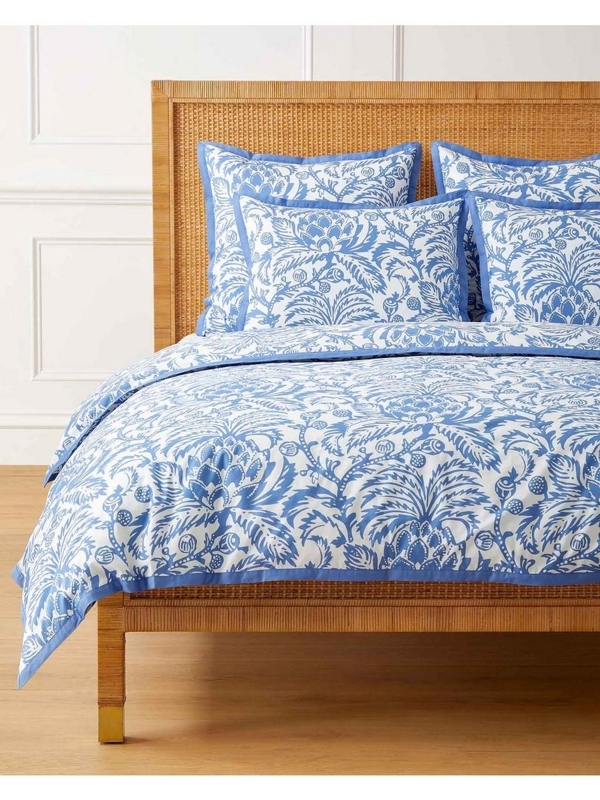 Coastal Duvet Cover Set, Scalloped Edges, Rattan Headboard Styling.