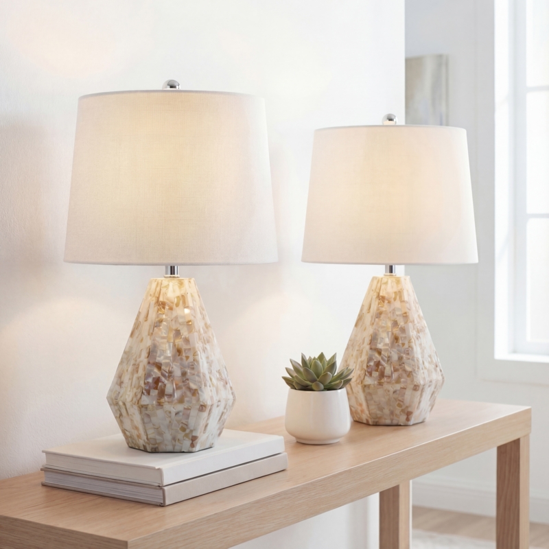 Coastal Glam Table Lamp Rectangular Base with Iridescent Shell-Like Tiles