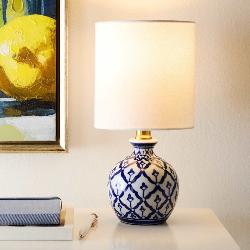 Coastal Mini Table Lamp with Blue and White Geometric Ceramic Base