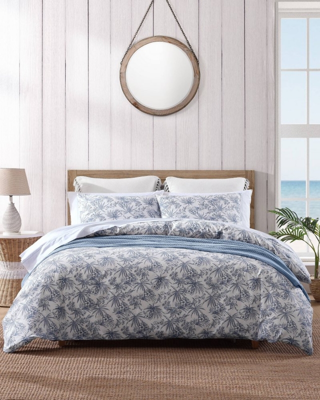 Coastal Navy White Duvet Cover Set Botanical Leaf Print Bedding