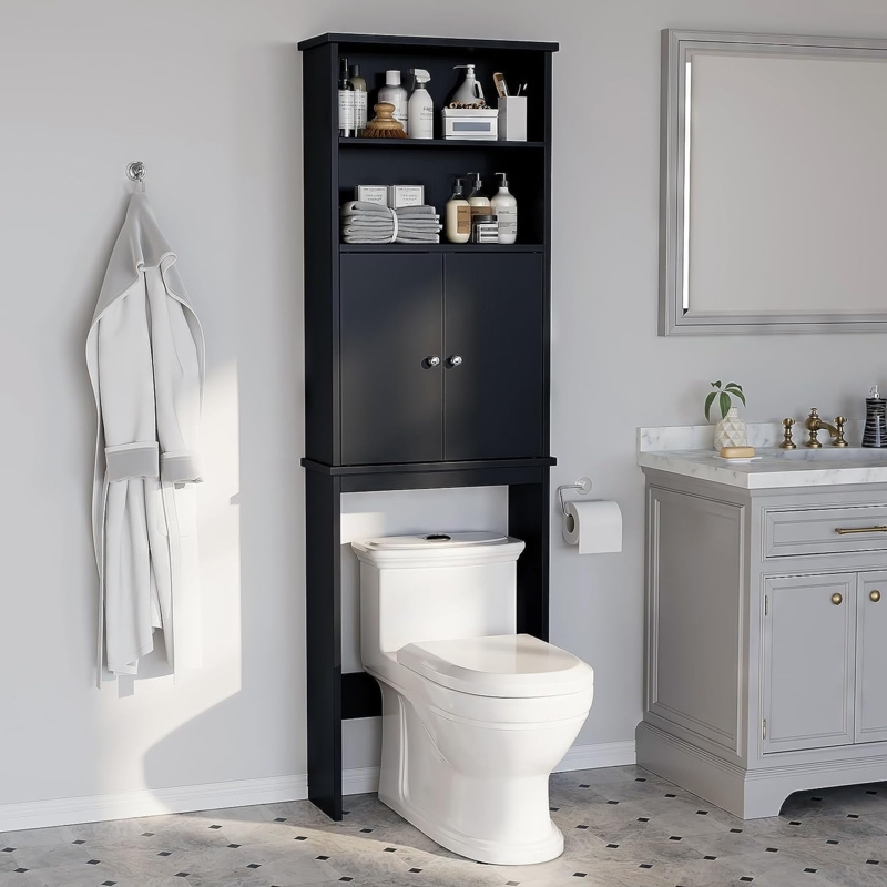 Coastal Over The Toilet Storage Cabinet with Slatted Doors, Black.