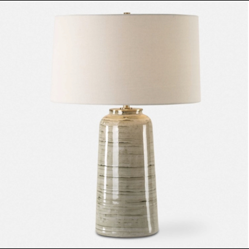 Coastal Table Lamp Horizontal Ribbed Ceramic Greenish Tan Glaze