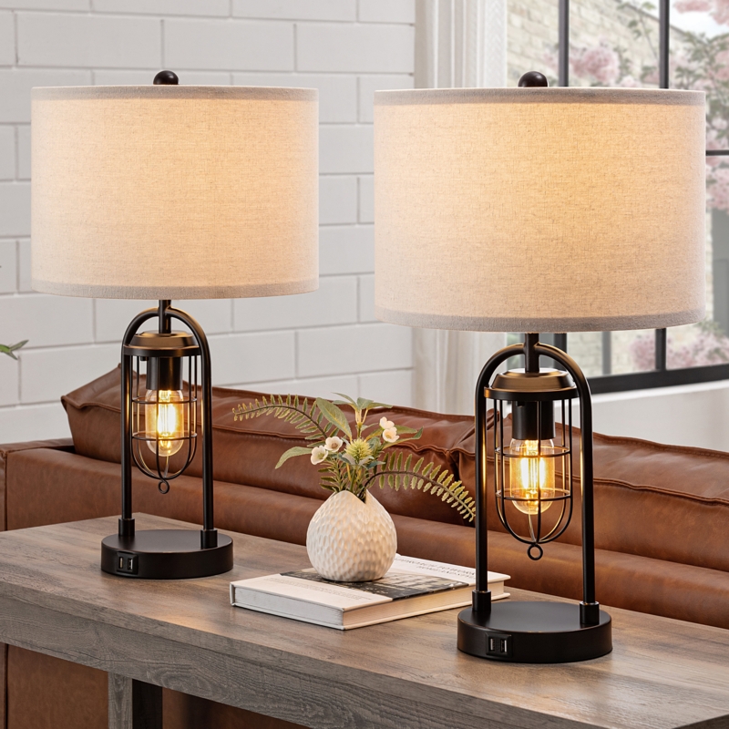 Coastal Table Lamp Set Netted Glass Base Integrated Night Light