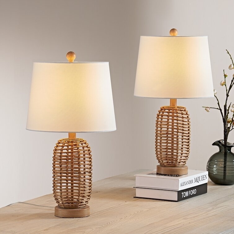 Coastal Wicker Bedside Lamp Set with White Shades