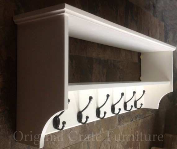 Coat Rack: Blue Grey Finish, Matte Painted, Double Hooks. Farmhouse Storage.