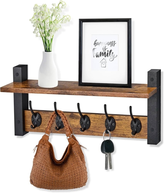 Coat Rack: Compact 16 Inch, Natural Wood, Five Black Hooks. Floating Shelf.