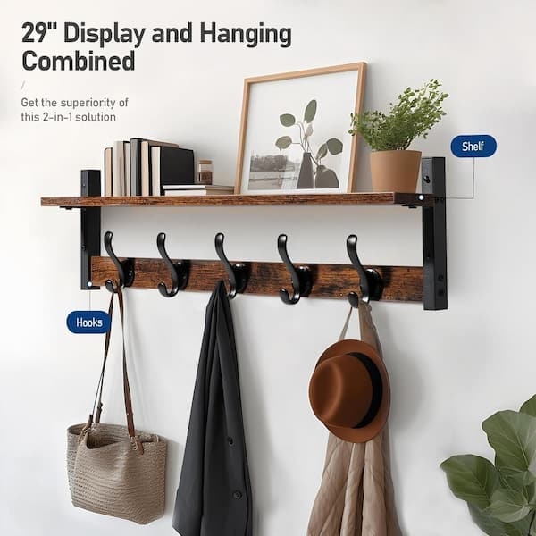 Coat Rack: Distressed Black Finish, Five Double Hooks. Farmhouse Style.