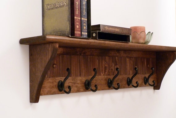 Coat Rack: Floral Pattern Backing, Antique Black Hooks. Boho Floral Storage.