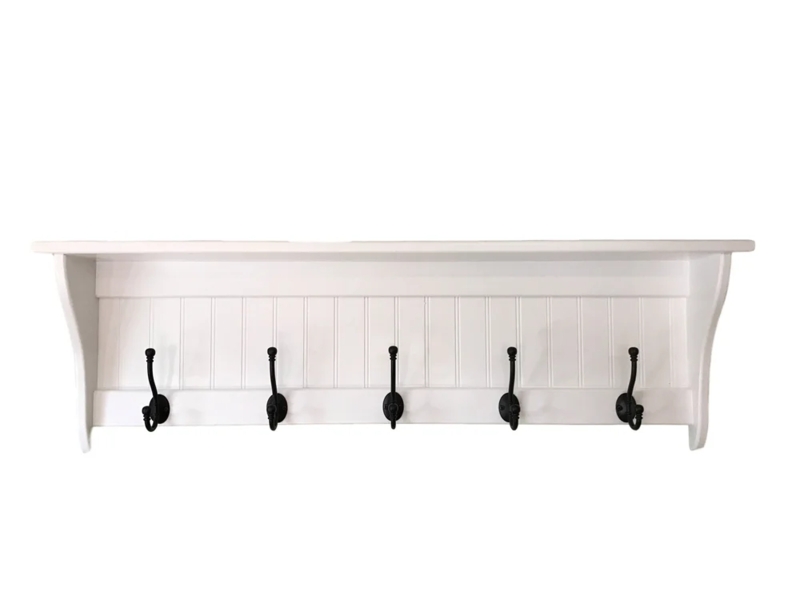 Coat Rack: Light Wood, Curved Brackets, Four Hooks. Entryway Coat Rack Shelf.