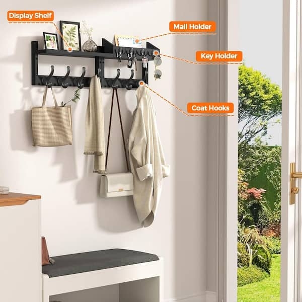 Coat Rack: Matte Black, Integrated Mail Slot, Eleven Hooks. Industrial Style.