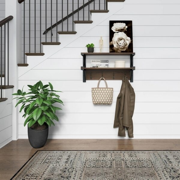 Coat Rack: Oak Toned Finish, Three Cubbies. Transitional Wall Mounted Shelf.