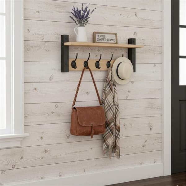 Coat Rack: Rectangular Silhouette, Brown Wood Grain. Transitional Wall Rack.