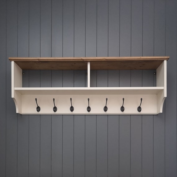 Coat Rack: Wide Profile, Off-White Painted, Cast Iron Hooks. Farmhouse Shelf.