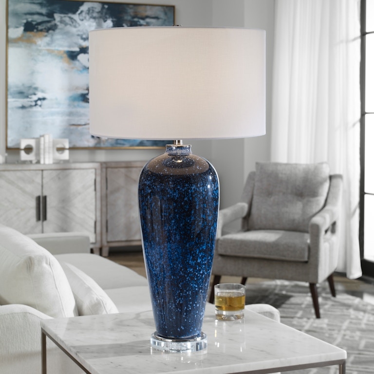 Cobalt Blue Ceramic Table Lamp with Speckled Stargazer Pattern Base