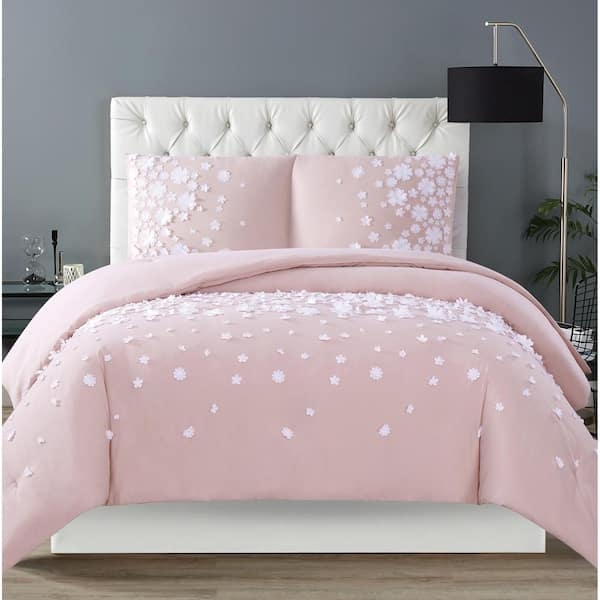 Comforter Blush Pink 3D Floral Appliqués Layered Petals Romantic