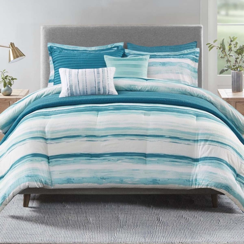 Comforter Set, 8-Piece Aqua Coastal with Seahorse Embroidery.