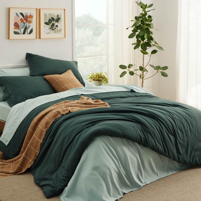 Comforter Set Abstract Botanical Print Forest Green Boho Bedding